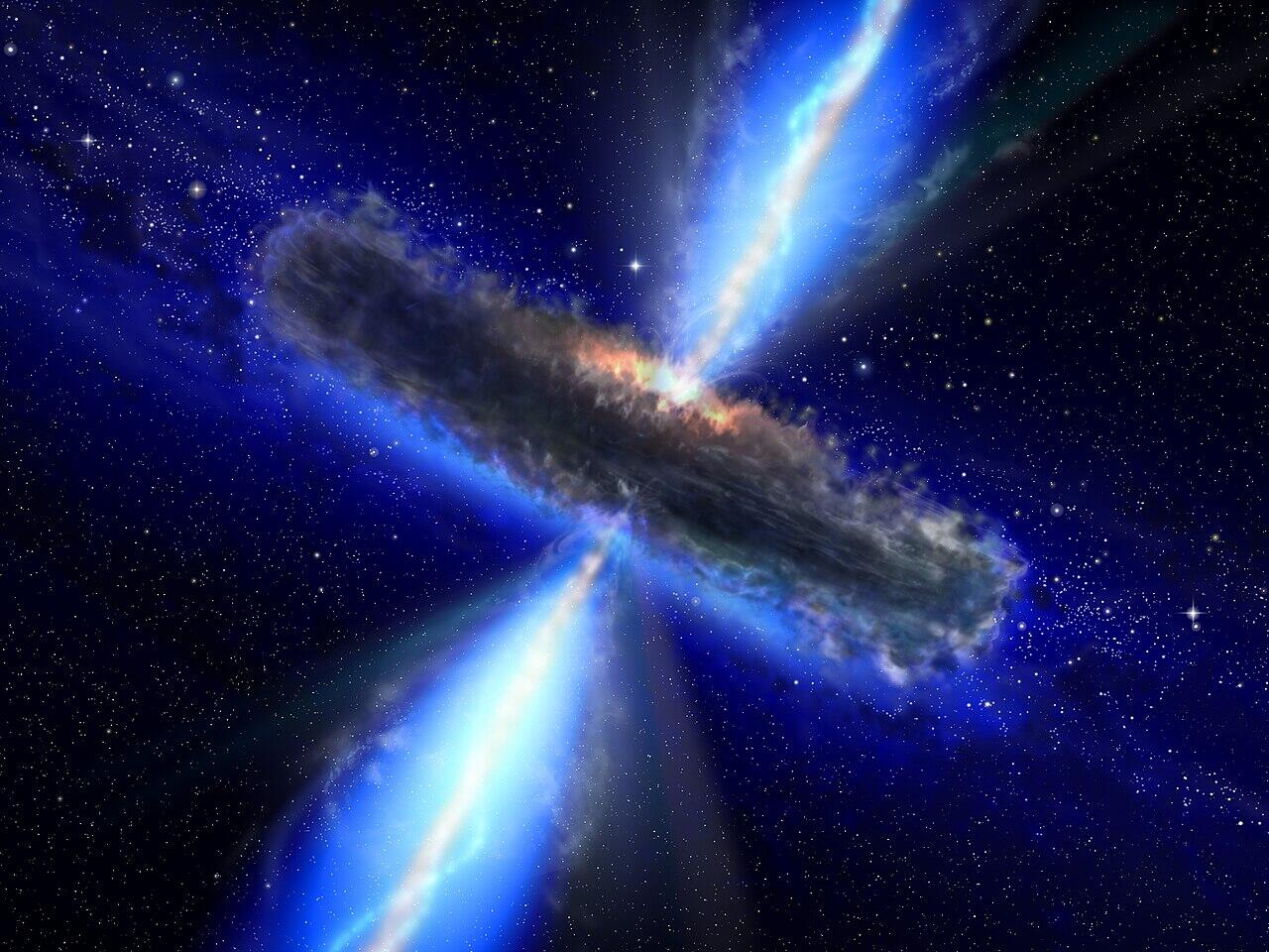 Dark central disk surrounded by glowing blue jets of energy, representing a supermassive black hole emitting radiation into space.