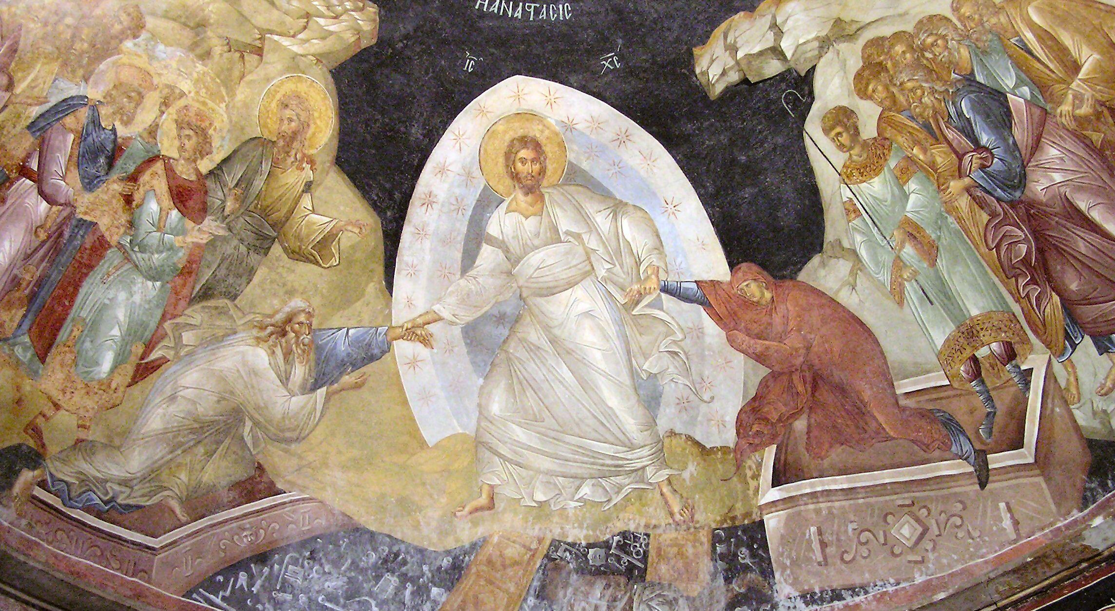 A religious fresco depicting the resurrection scene, with figures in traditional garments engaging expressively in a divine moment.