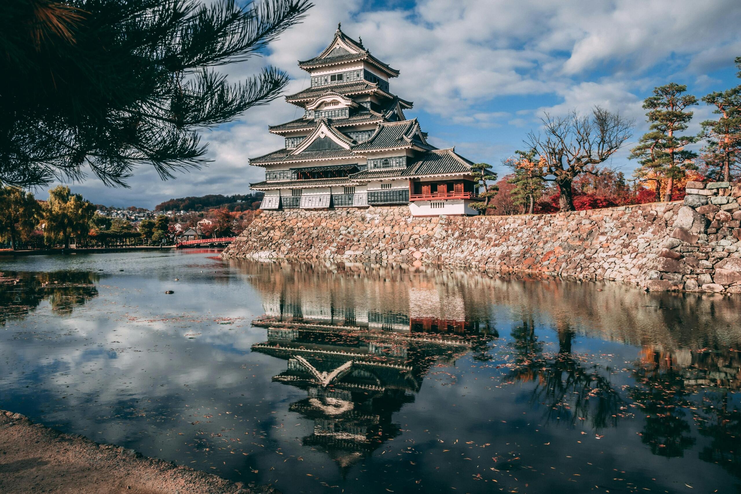 Traditional Japanese temple built along the water’s edge, with wooden architecture and curved tiled roofs reflected in the calm surface, surrounded by serene natural scenery.