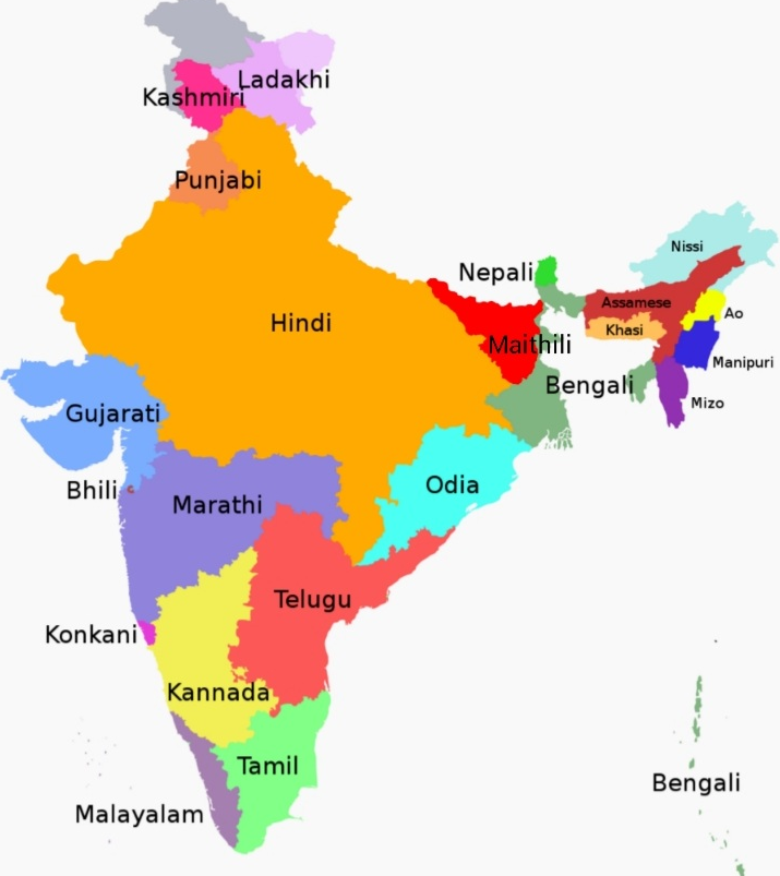 Map of India showing language distribution by region, with states colored to represent their predominant languages.