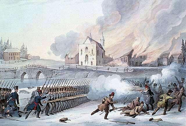 Illustration of a winter battle scene in a village, showing soldiers in formation firing rifles while smoke fills the air, buildings burn in the background, and wounded fighters lie on the snow near a church and bridge.