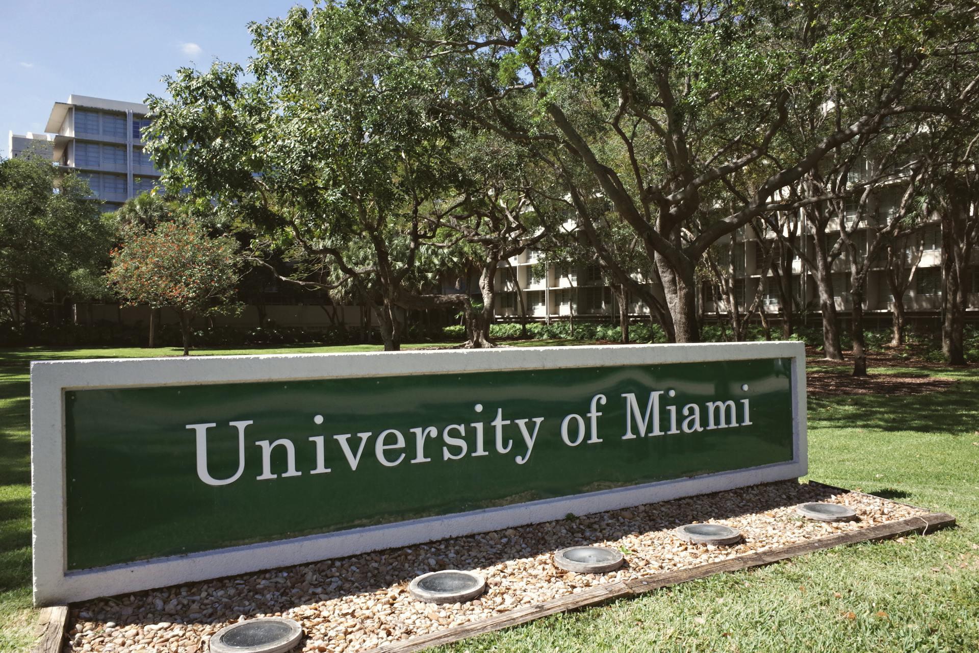 Green and white University of Miami sign in front of trees and campus buildings on a sunny day.