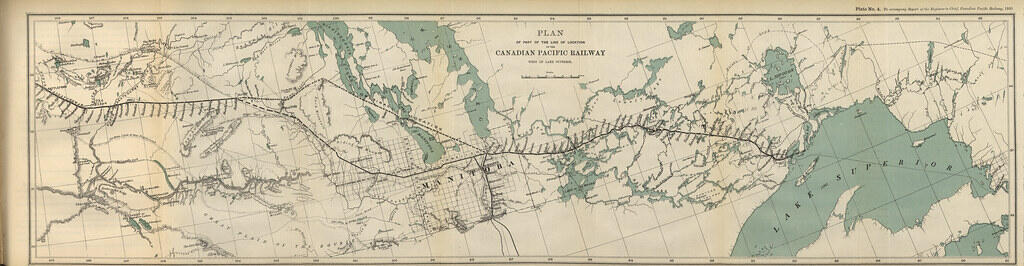 Vintage map showing the planned route of the Canadian Pacific Railway across Southern Ontario, highlighting lakes, towns, and geographic features.