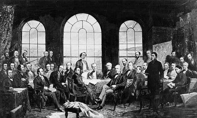 Black and white historic painting of a large group of men in period clothing gathered around a table in a room with three tall arched windows.