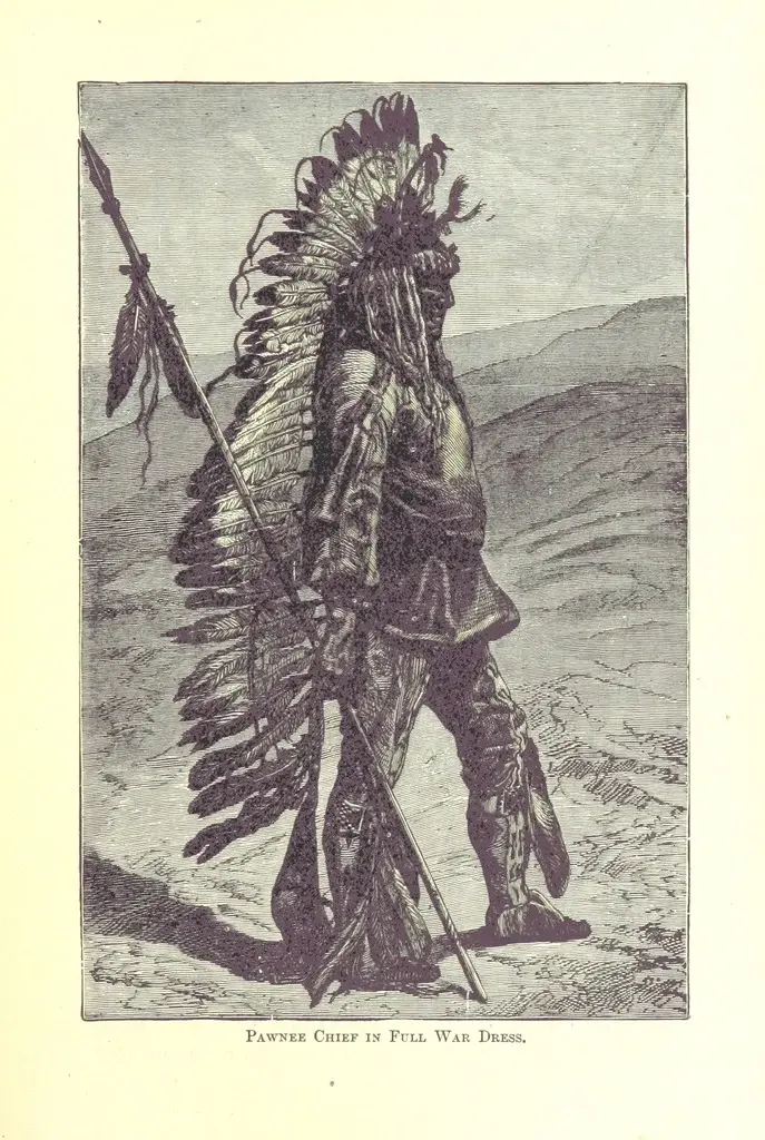 Black-and-white illustration of a Pawnee chief wearing full traditional war dress, including a large feathered headdress and holding a spear, standing in a natural landscape.