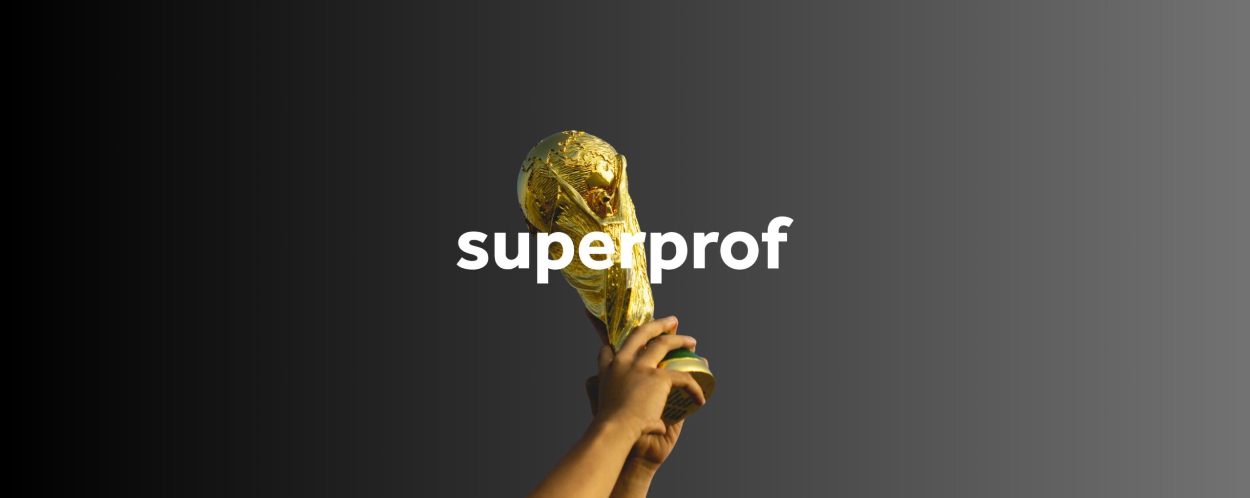 Hands holding up a golden World Cup trophy against a dark gray background with the word