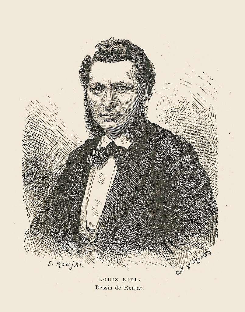 Black-and-white engraved portrait of Louis Riel, showing a man with short curly hair and sideburns, wearing a suit and bow tie, facing forward with a serious expression.