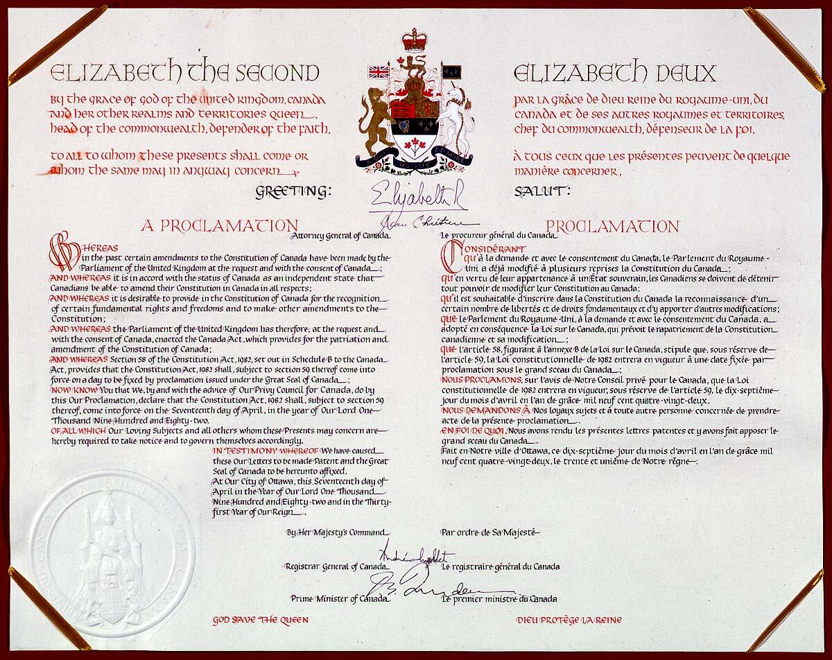 Proclamation document by Queen Elizabeth II and Canadian officials with text in English and French, featuring royal coat of arms and signatures.