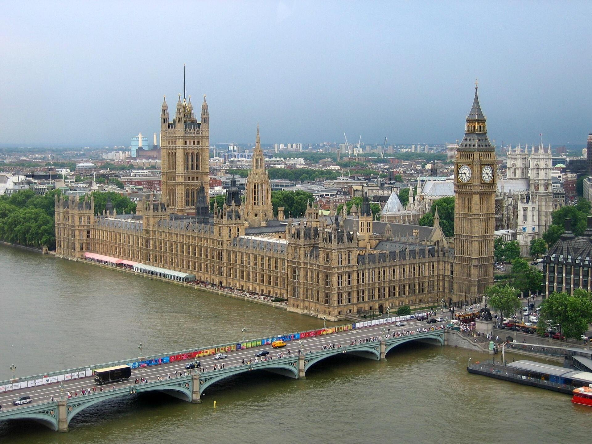 Aerial view of the Palace of Westminster and Big Ben beside the River Thames with Westminster Bridge in London.