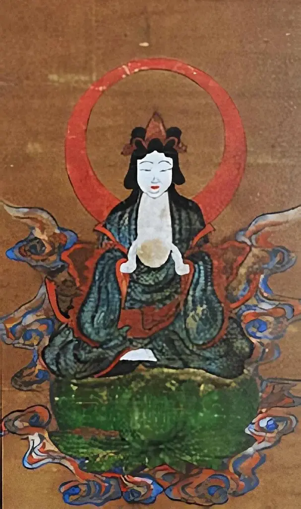 Ancient painting of a serene figure with a red halo, seated on a lotus flower, holding a glowing orb with abstract swirling patterns.