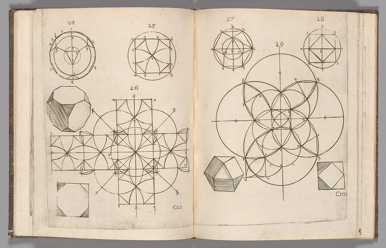 Open book with geometric diagrams and polyhedrons, illustrating mathematical and spatial concepts with labeled points and intersecting shapes.