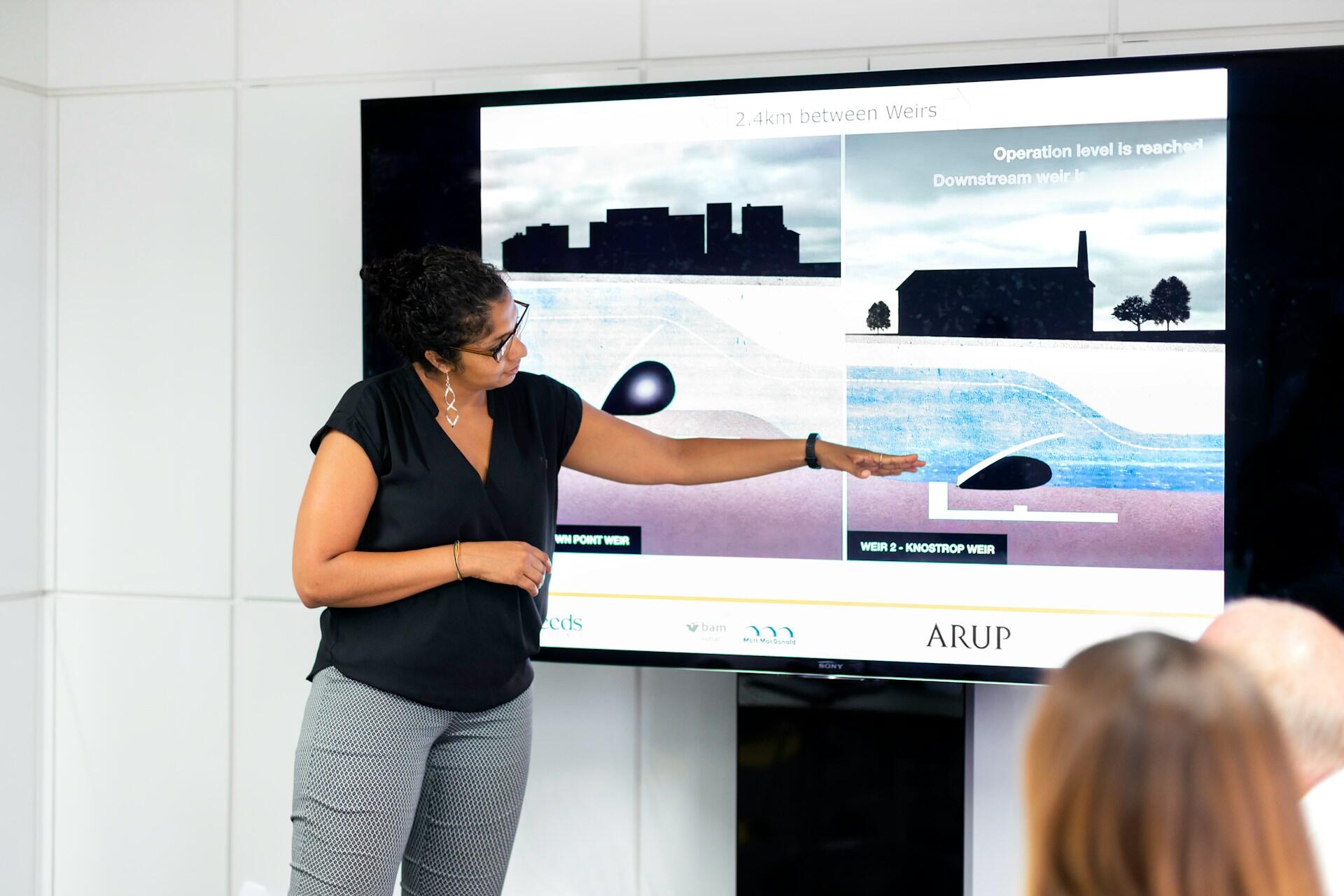 Woman presenting water flow diagrams on a screen to an audience in a modern meeting room.