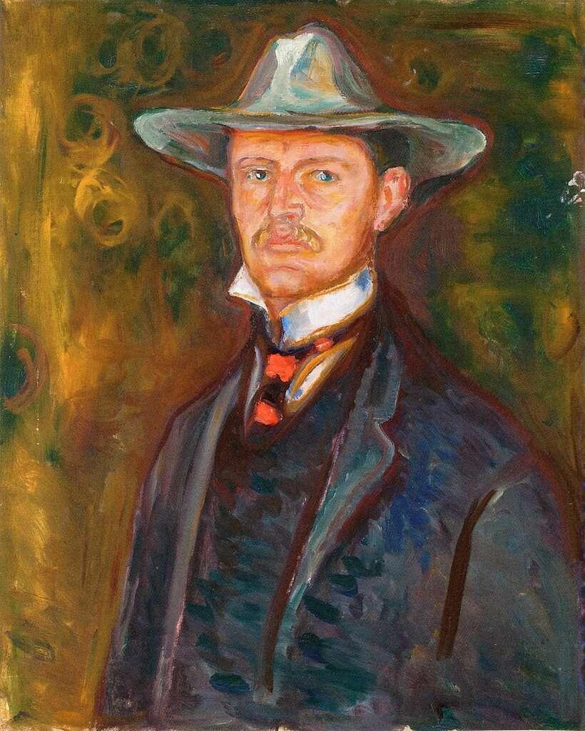 Edvard Munch's self-portrait featuring the artist wearing a broad-brimmed hat, painted with expressive brushwork and warm, muted colors characteristic of Expressionism.