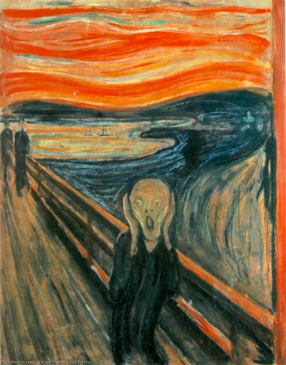 Edvard Munch's iconic Expressionist painting The Scream, depicting a figure holding its face in anguish beneath a dramatic orange sky and swirling landscape.