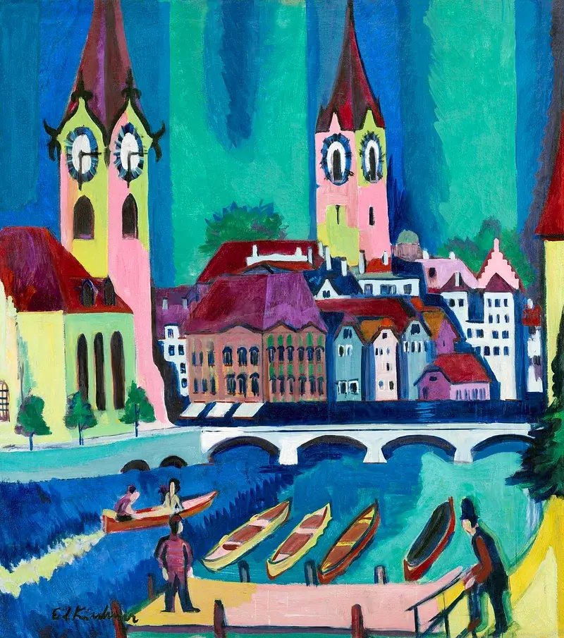 Ernst Ludwig Kirchner's expressionist painting depicting Zurich with brightly colored buildings, church towers, boats, and a bridge over the Limmat River.