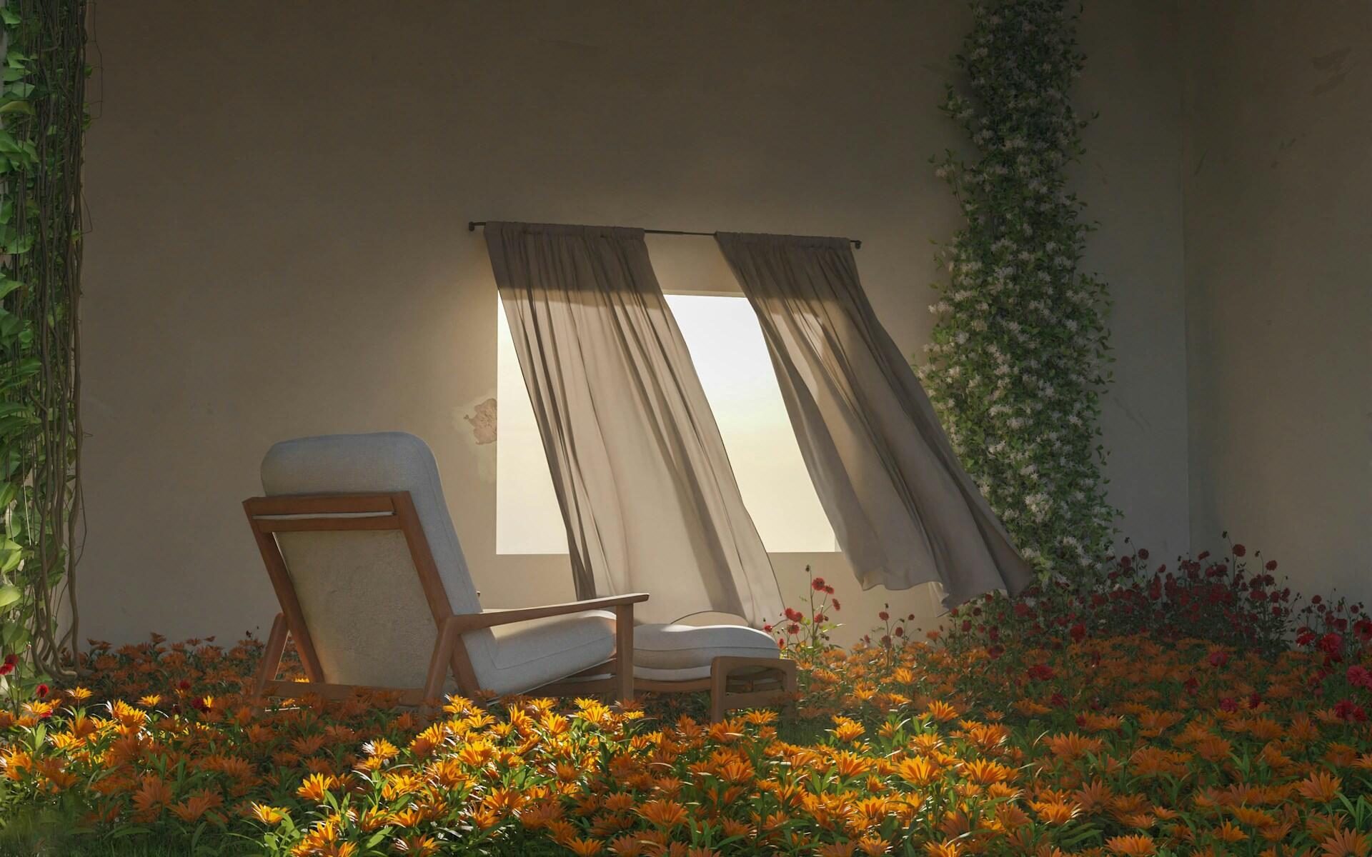 Sunlit room with a wooden armchair and footrest amidst orange flowers, sheer curtains blowing through a large window, and climbing vines on walls.