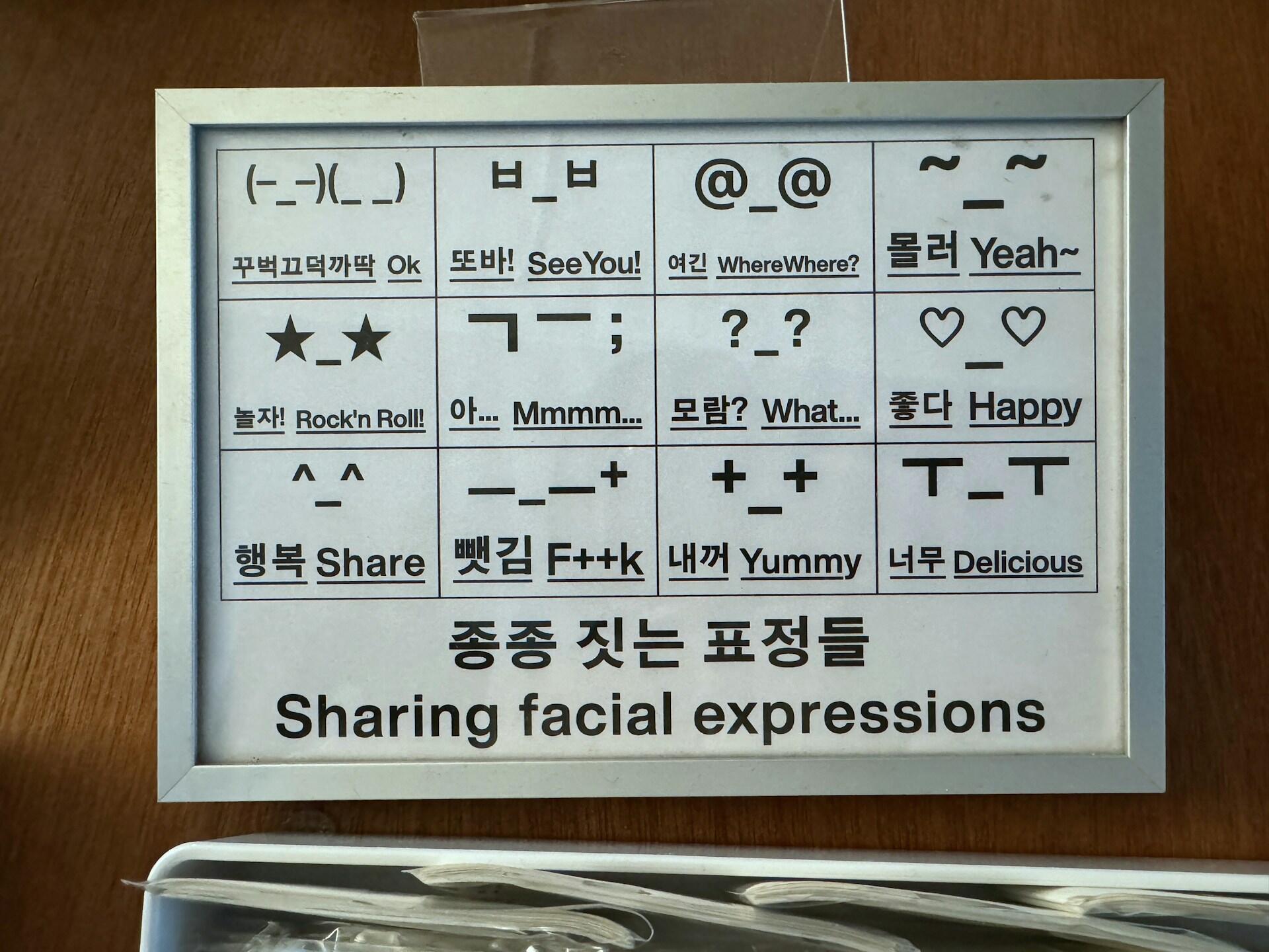 Framed chart displaying various Korean emoticons with English translations, titled 