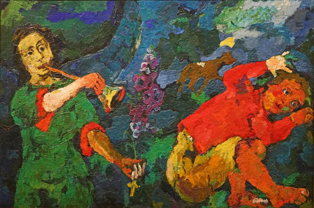Oskar Kokoschka's Expressionist painting The Power of Music, showing a flutist and a dancing figure rendered with bold colors, thick brushstrokes, and emotional intensity.