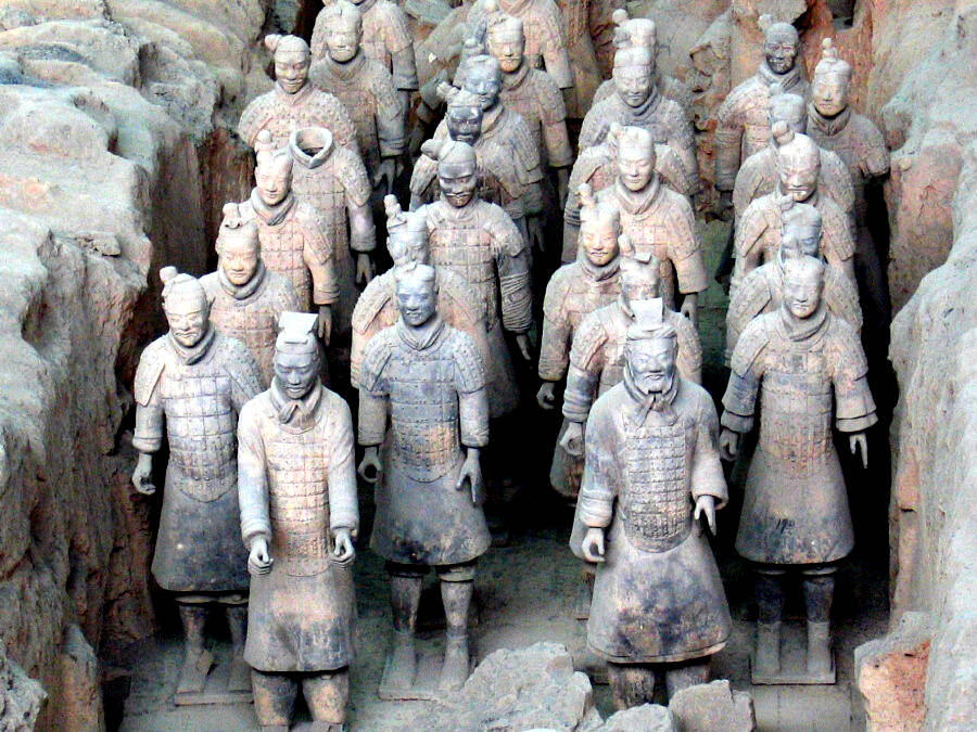 Rows of life-sized Terracotta Army soldiers guarding the tomb of China's first emperor.