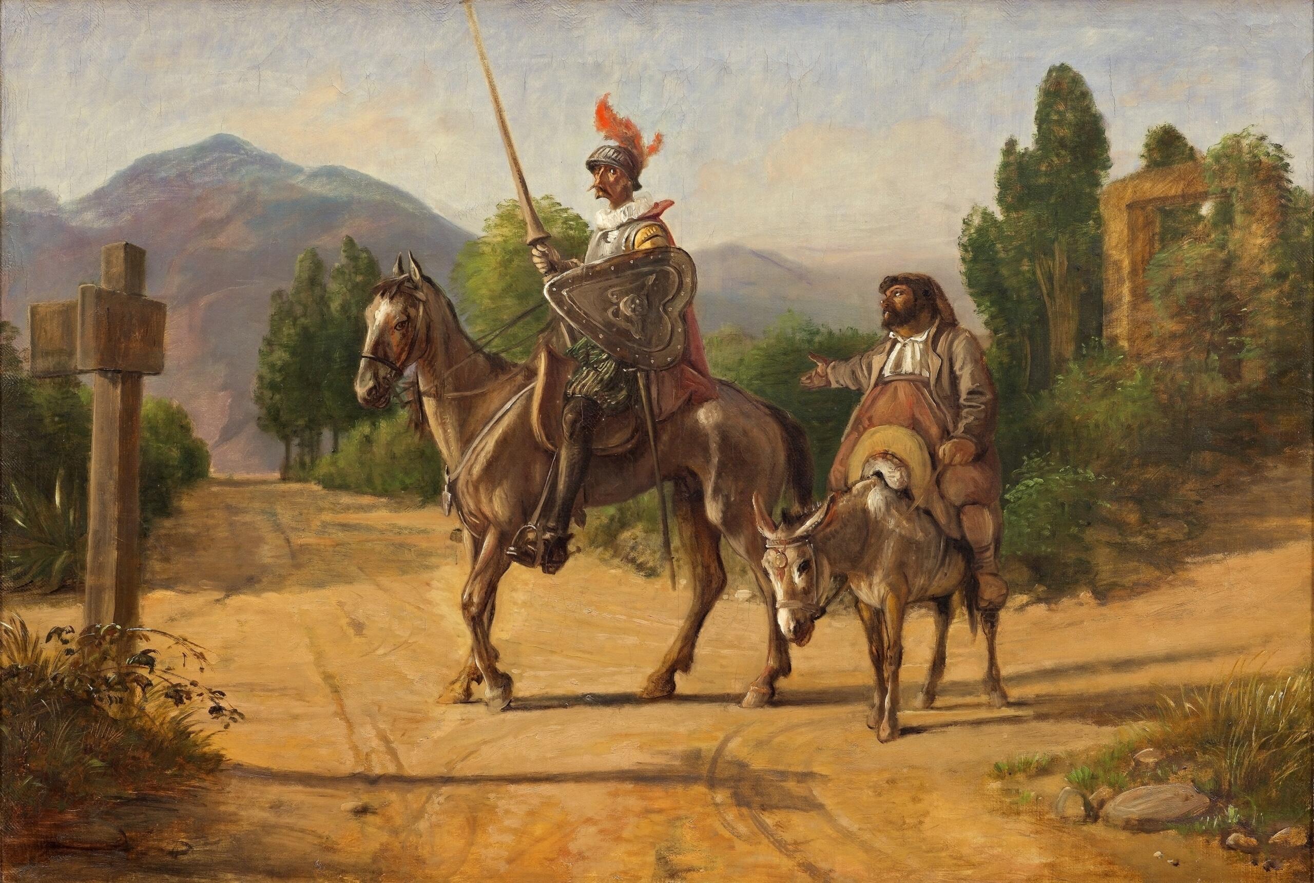 Painting of Don Quixote riding his horse with a lance and shield, accompanied by his loyal squire Sancho Panza riding a donkey. The pair travel along a rural road with mountains, trees, and a crossroads in the background, illustrating a scene from Miguel de Cervantes' classic novel Don Quixote.