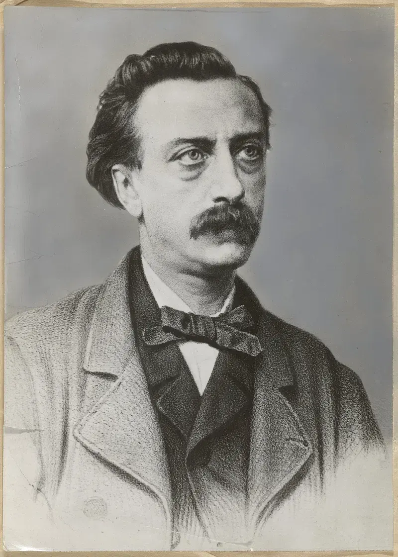 Portrait of Multatuli (Eduard Douwes Dekker), Dutch author of Max Havelaar, wearing a suit and bow tie in a black-and-white photograph.