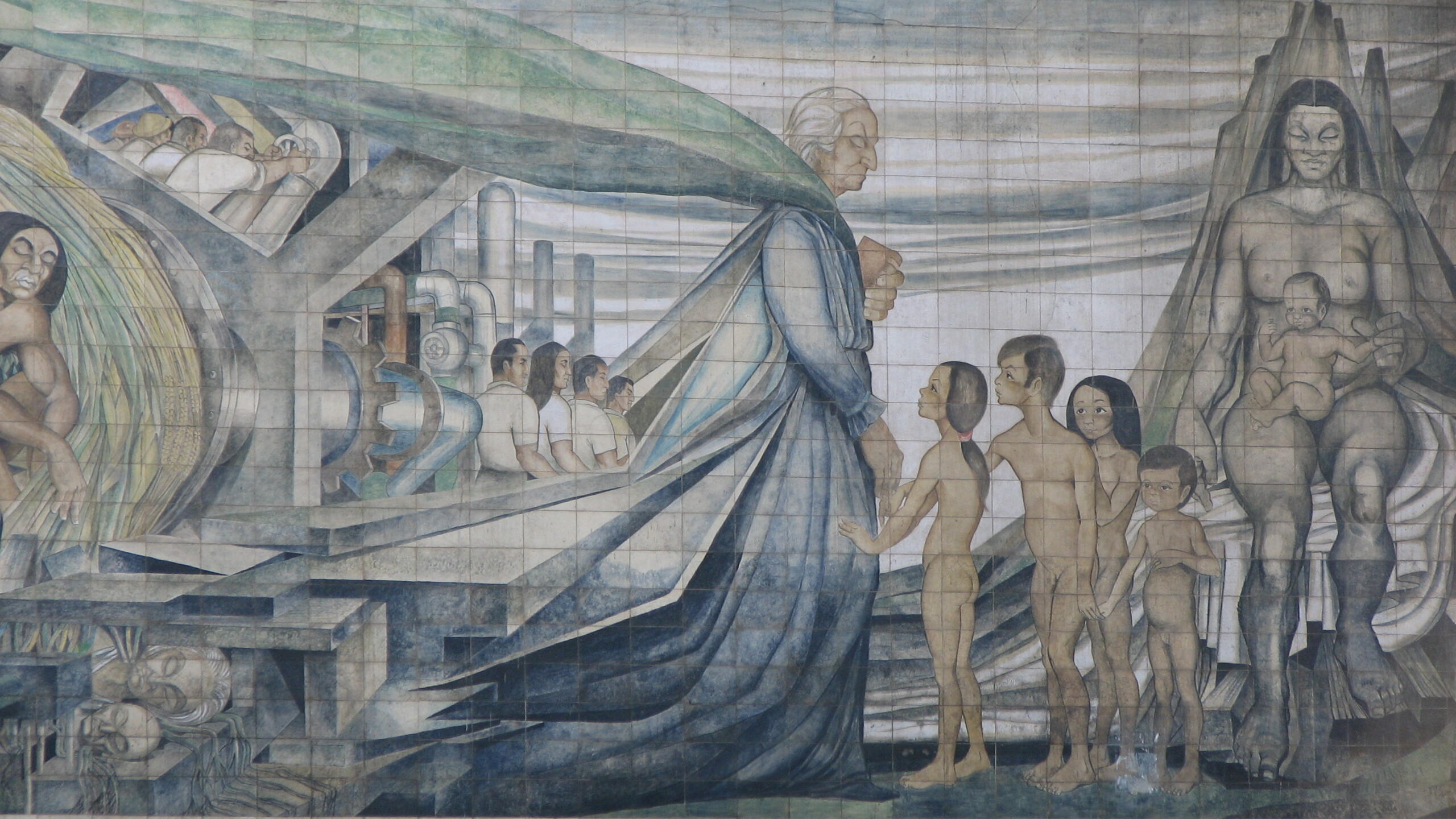 Diego Rivera's mural The New Deal (1940s), depicting educator and Nobel laureate Gabriela Mistral guiding a group of children. The scene combines themes of education, motherhood, industry, and social progress through large symbolic figures and industrial machinery in the background.