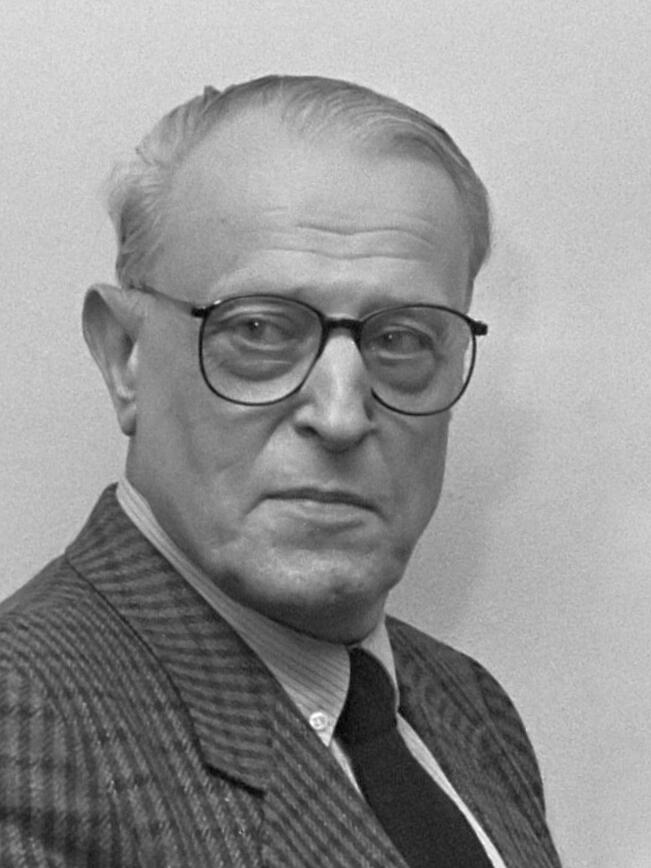 Black-and-white portrait of Willem Frederik Hermans, Dutch author, wearing glasses, a striped jacket, and a tie.
