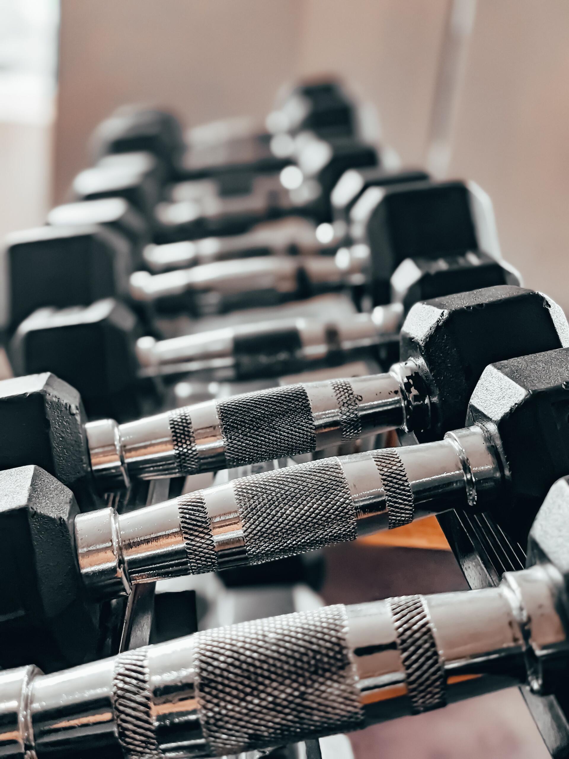 A rack of free weights is neatly organized in a gym, with rows of dumbbells arranged by size and ready for strength training and weightlifting exercises.