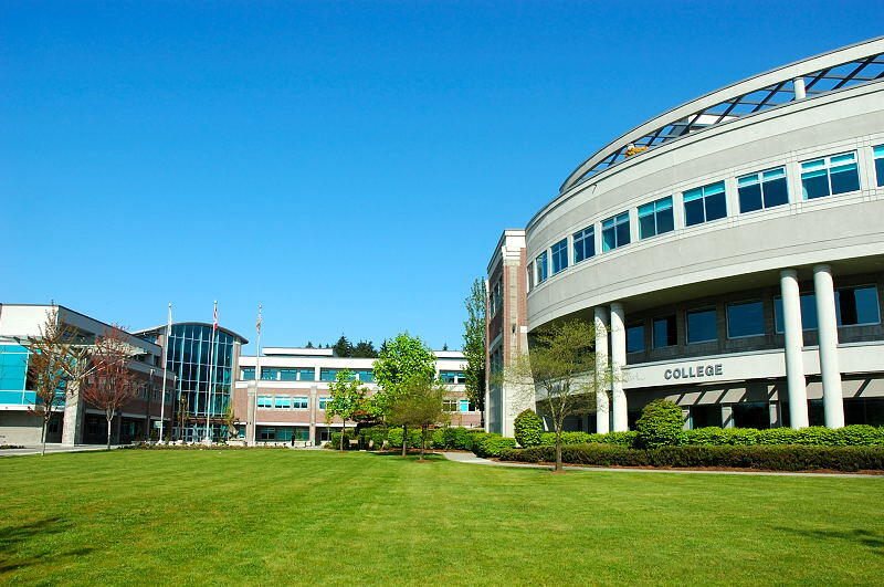 Modern college campus buildings with green lawn and clear blue sky on a sunny day.