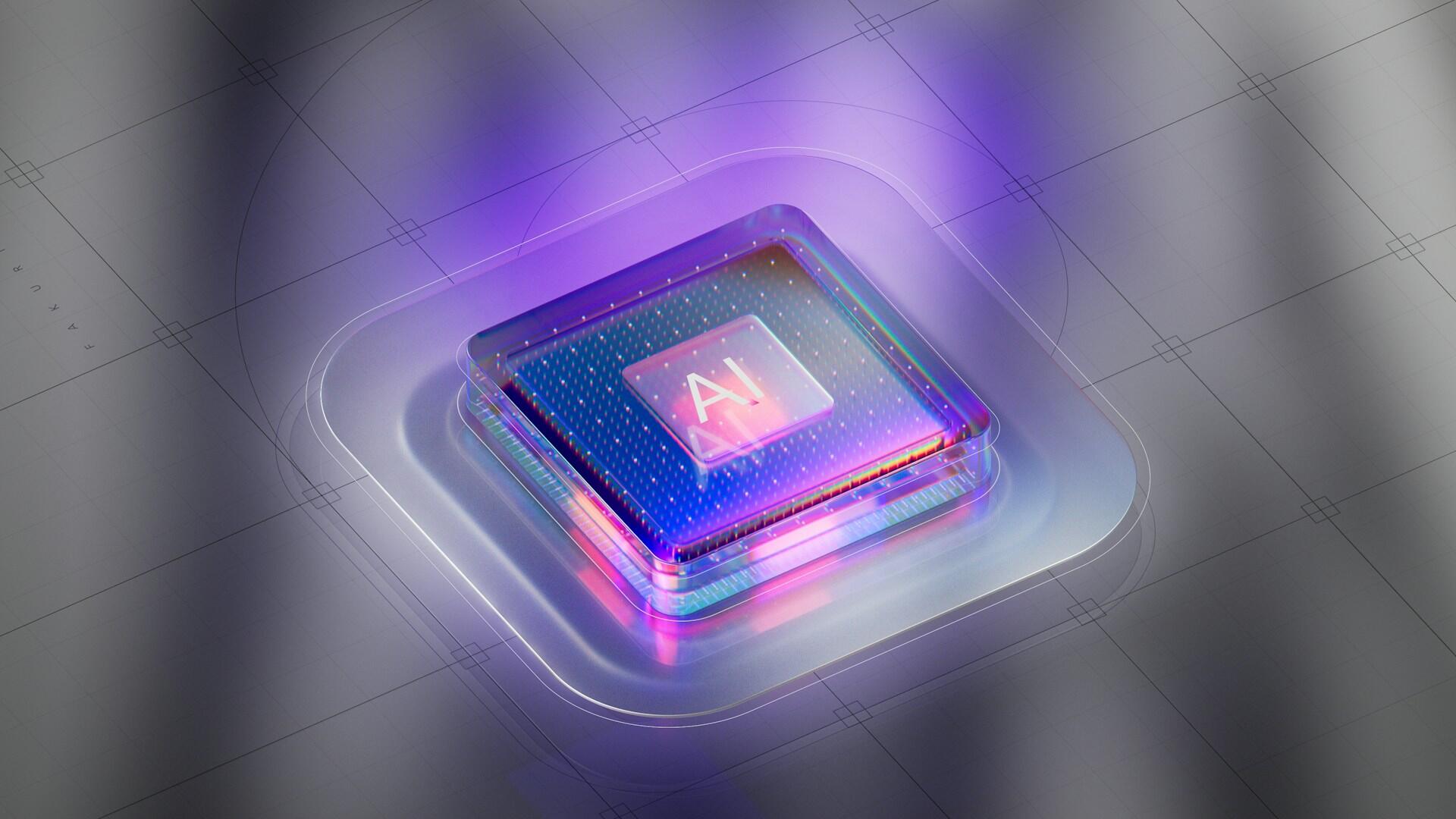 3D illustration of a glowing AI chip with purple and blue lights on a sleek, futuristic grid surface.