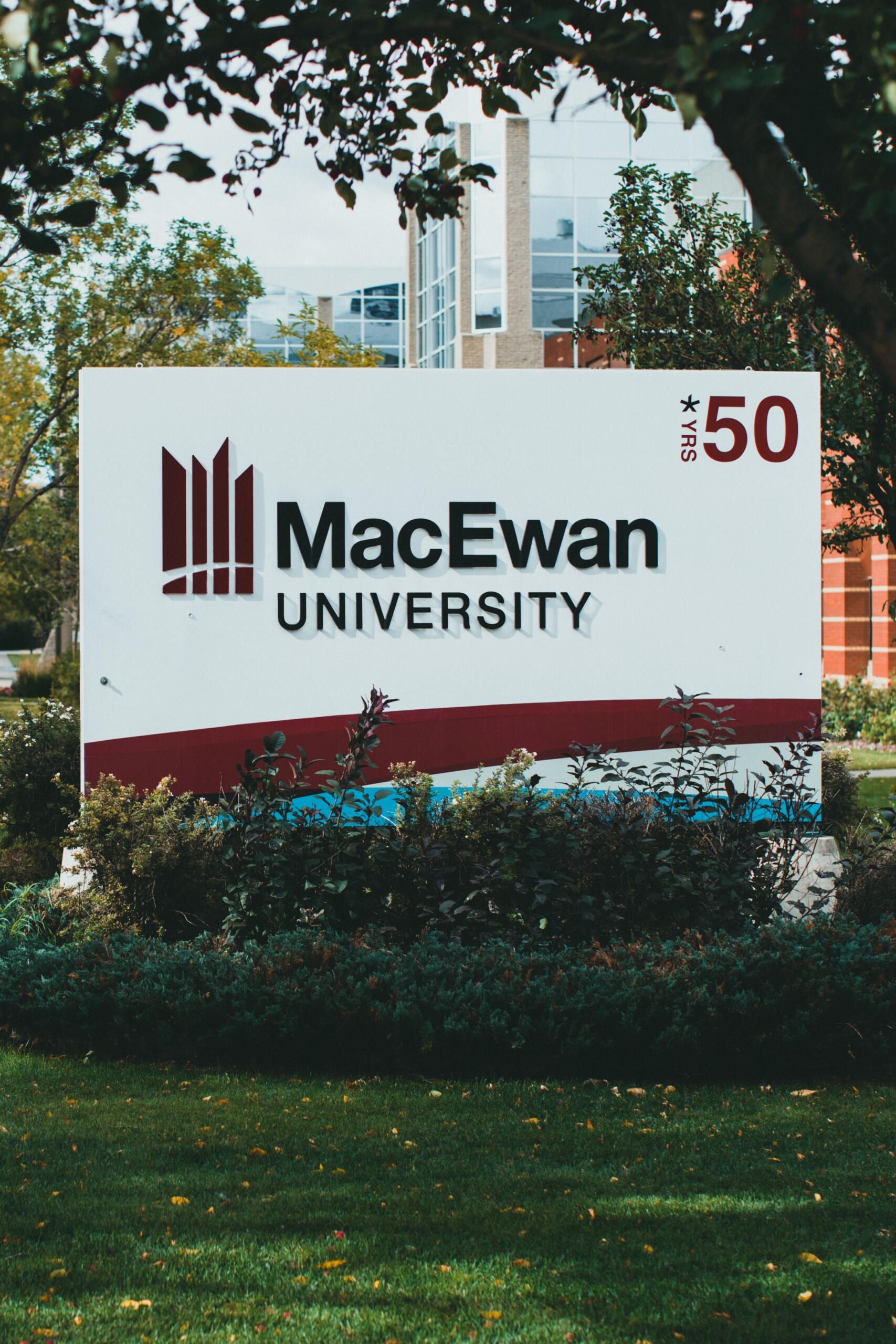 A picture of a sign for MacEwan university in Alberta.