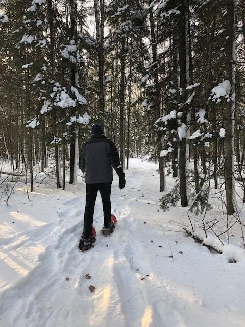 Person wearing snowshoes walking on a snowy forest trail surrounded by snow-covered pine trees.
