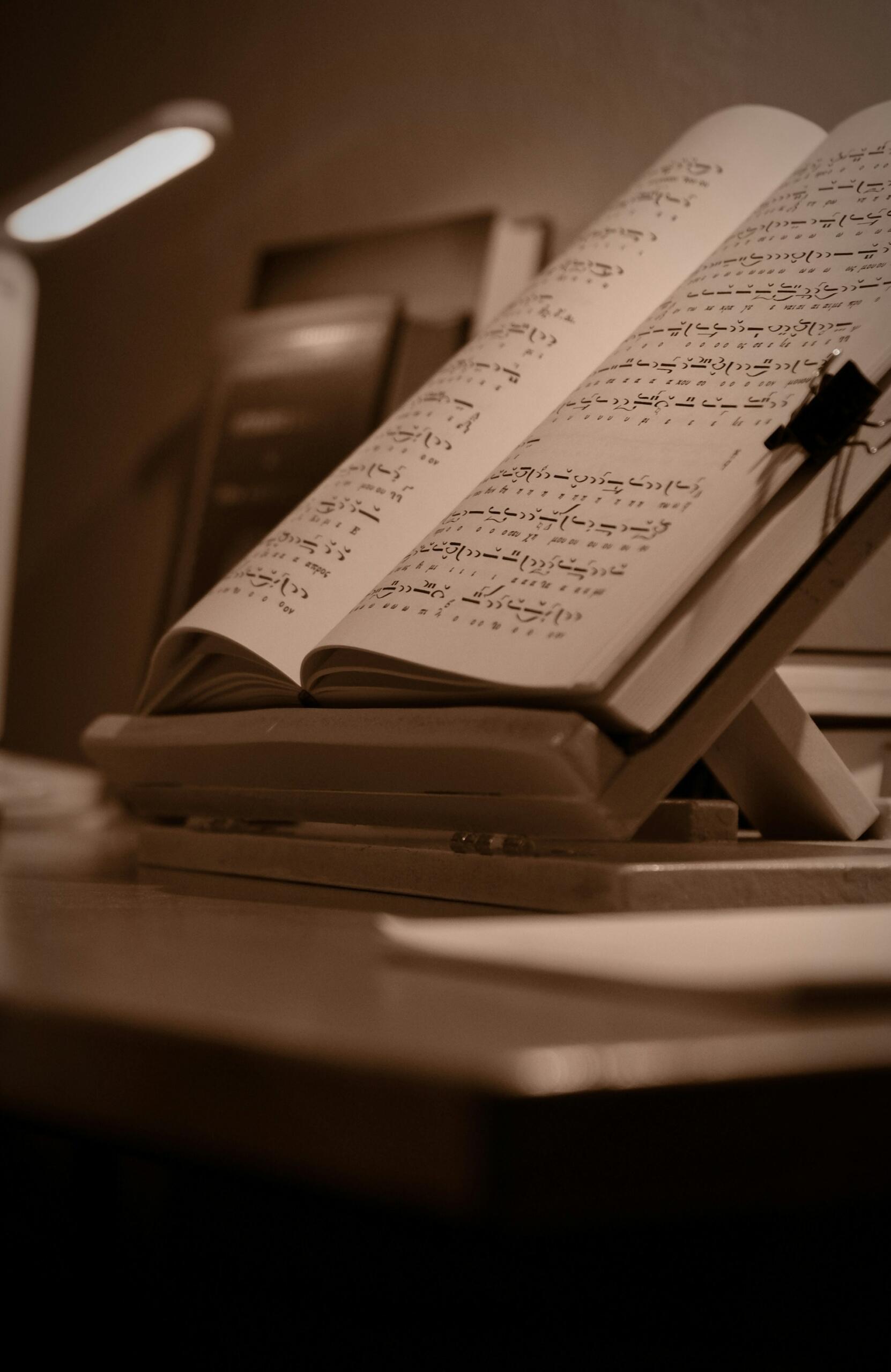 Open book with Arabic script on a wooden stand, photographed in warm sepia lighting.