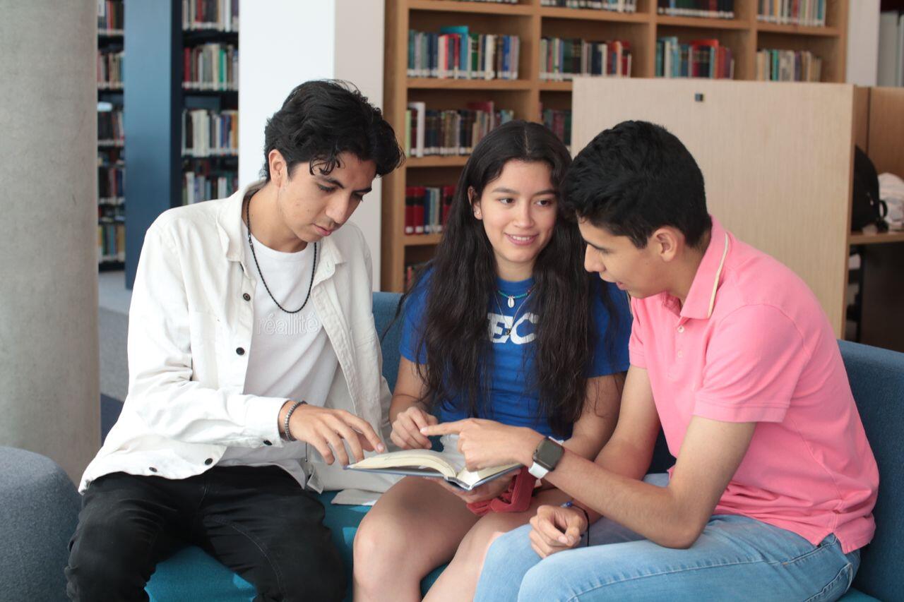 trois jeunes etudiants a la bibliotheque et etudiant