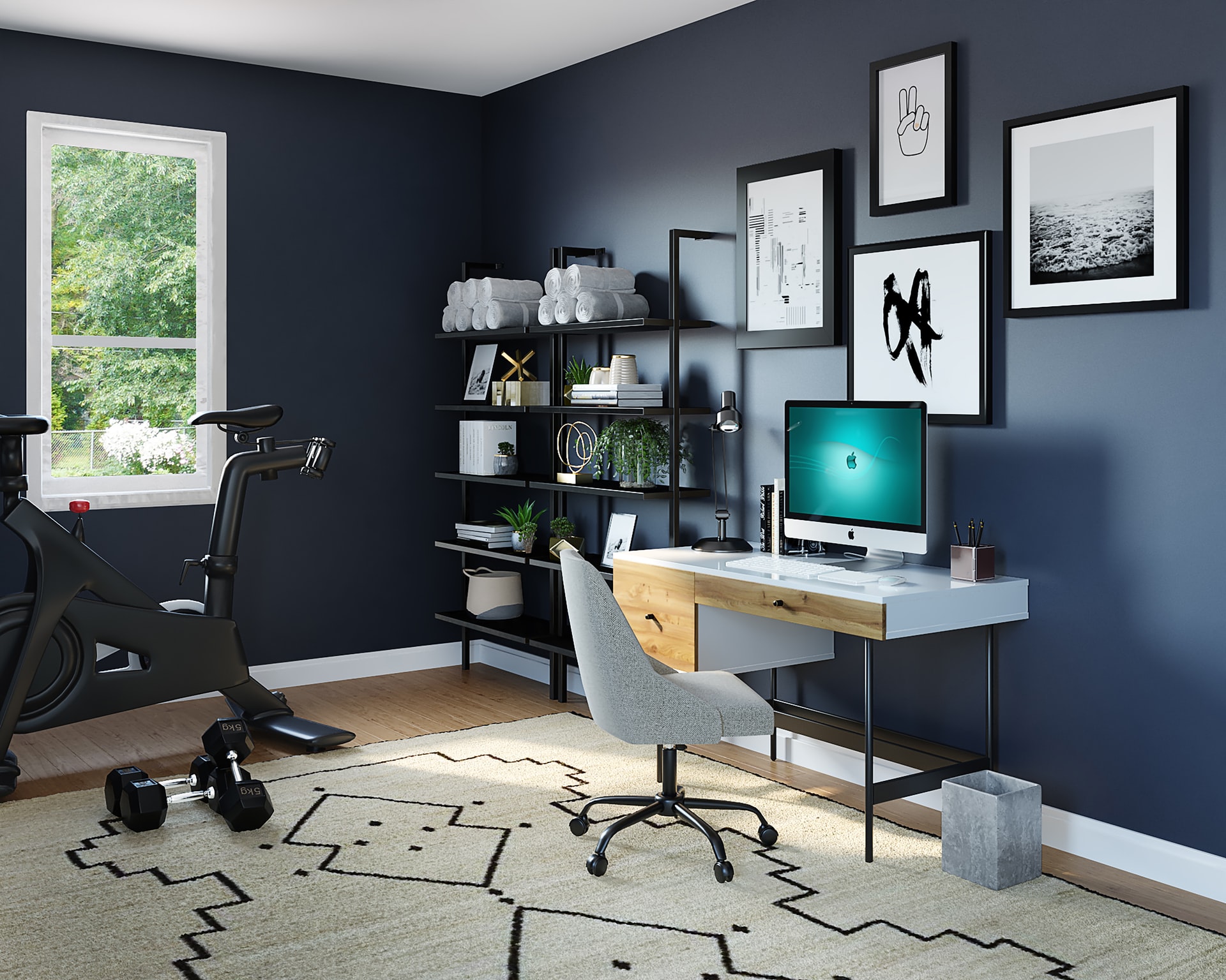 chambre douillette avec ordinateur et tableaux