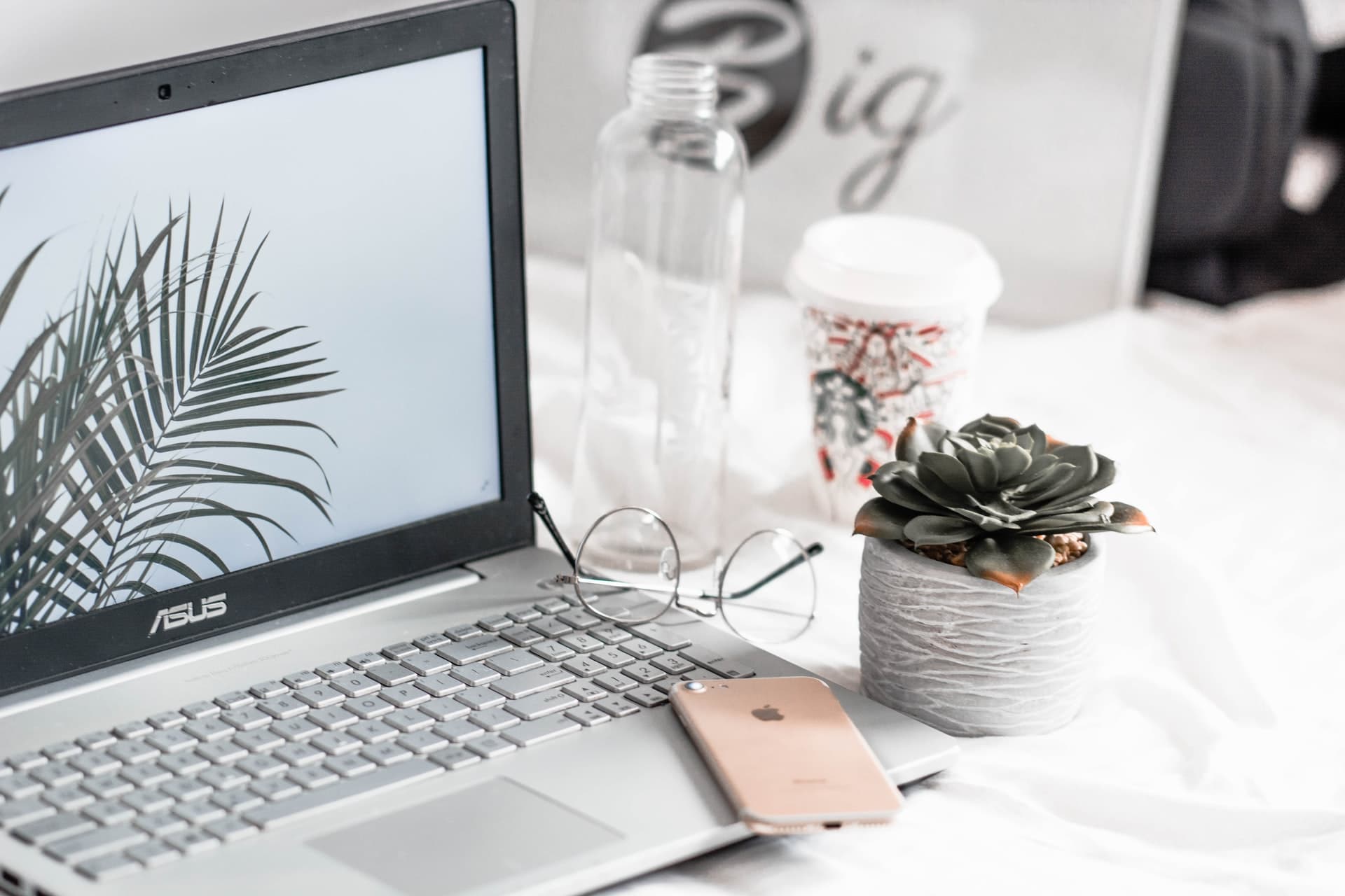 ordinateur, plante, lunette et téléphone dans une ambiance agréable