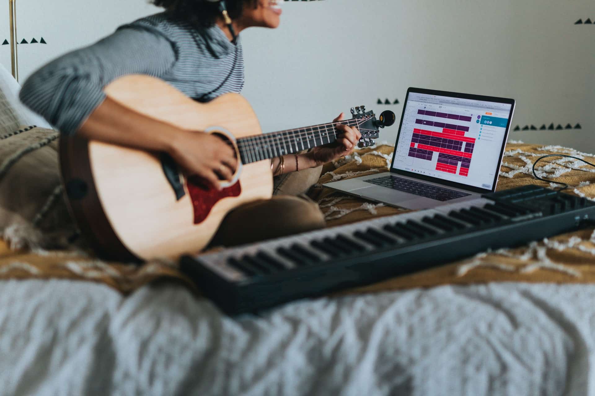 cours de guitare et de piano en ligne devant un ordinateur