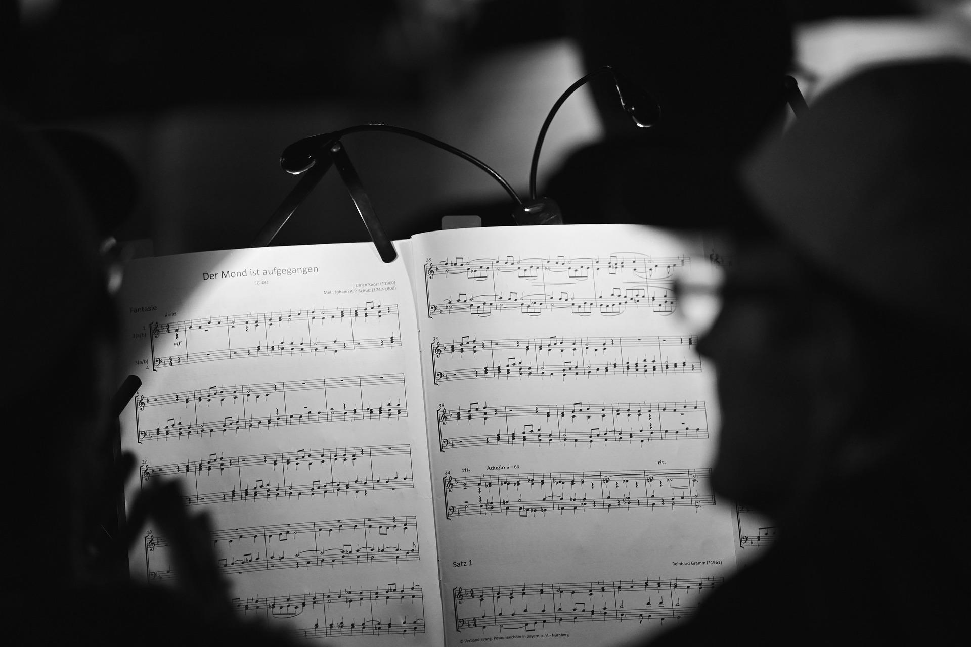 Étudiant et professeur de musique en noir et blanc.