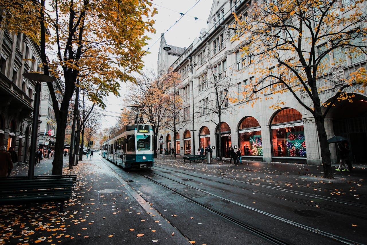 A tram on a rainy day in Switzerland.