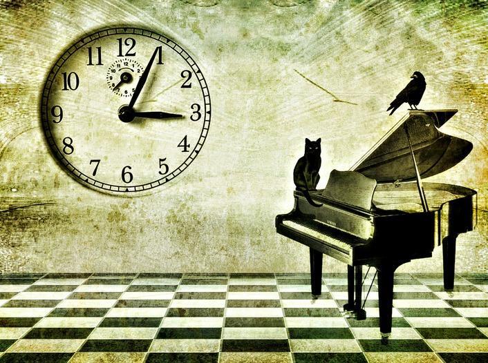 illustration piano horologe chat corbeau