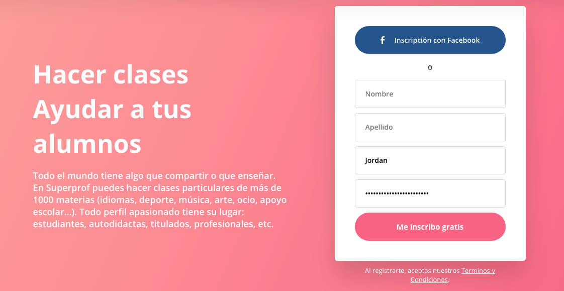 Página Inscripción Superprof