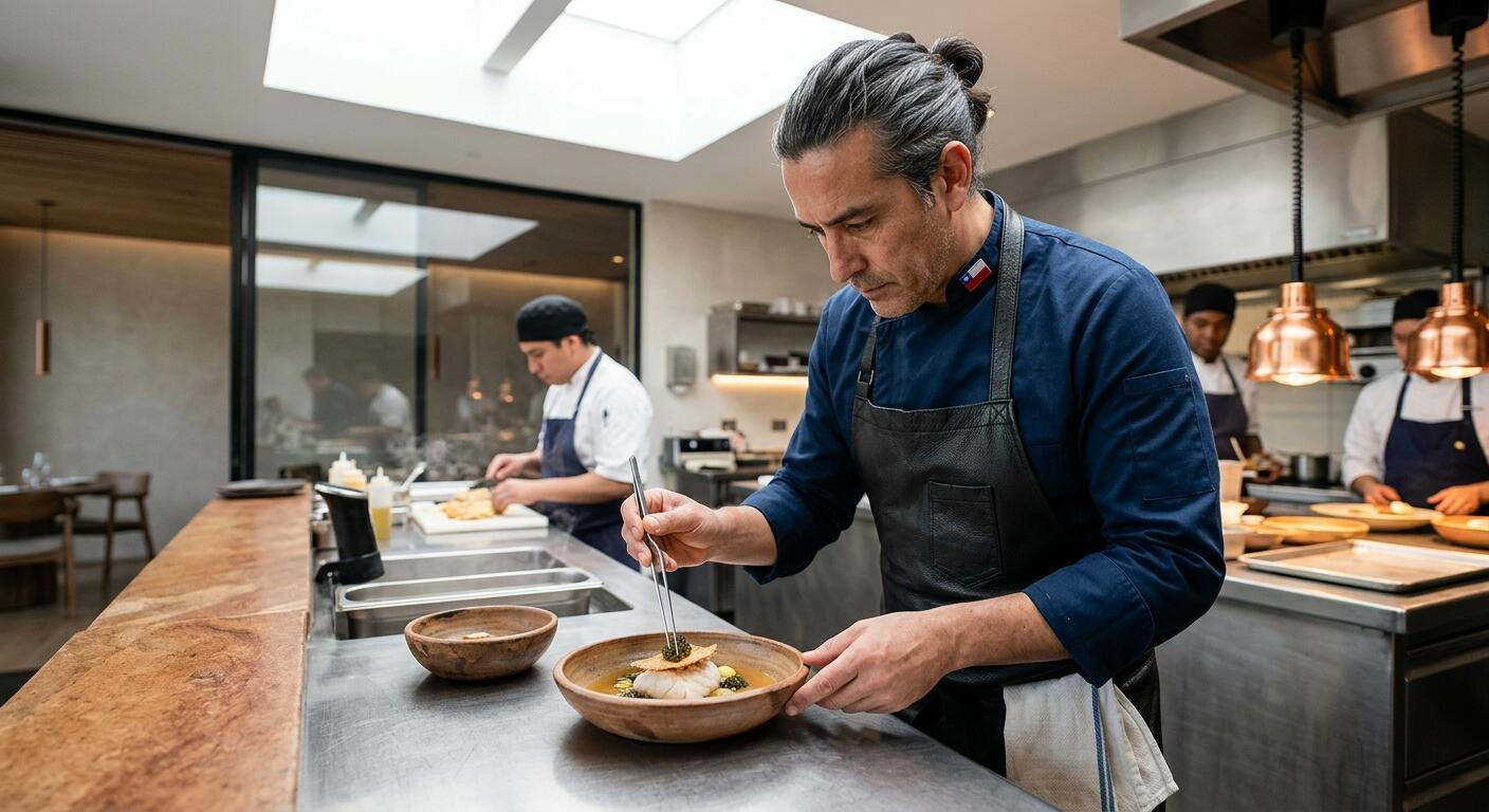 Profesional culinario trabajando en la cocina de un restaurante internacional.