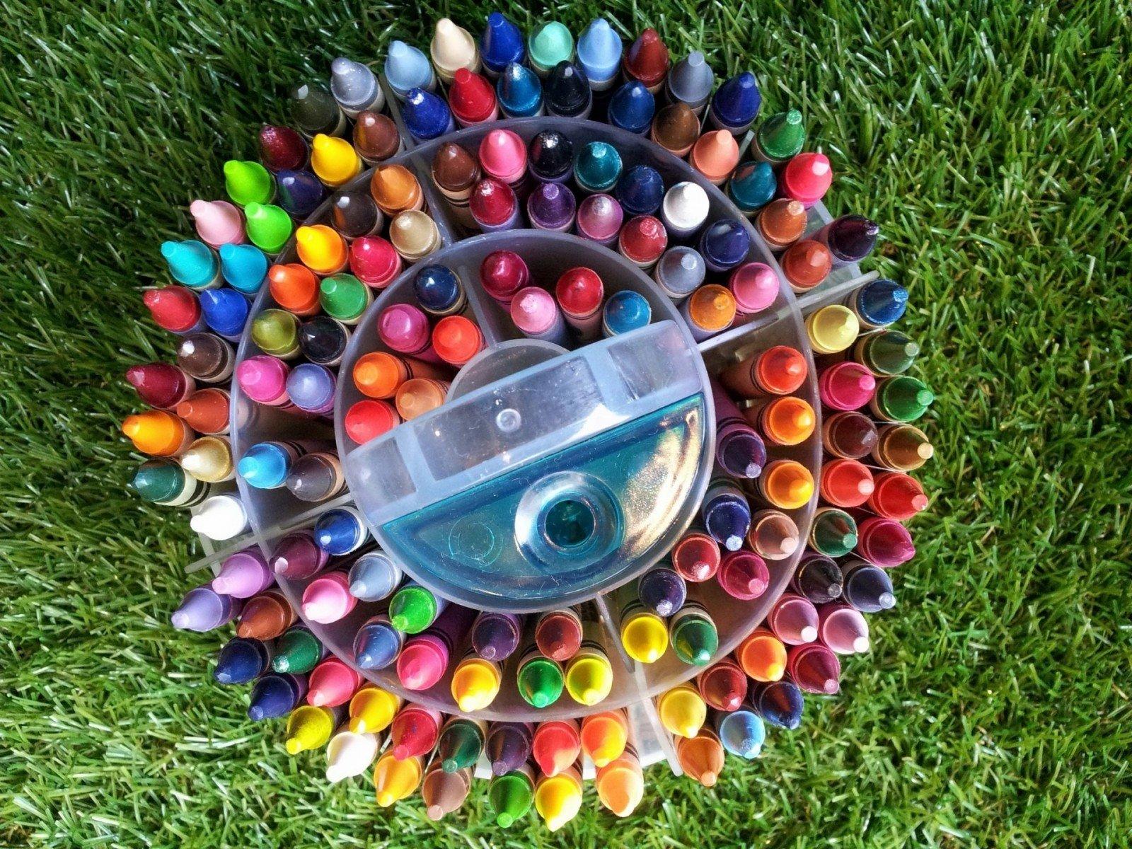 Caja circular con lápices de colores sobre césped