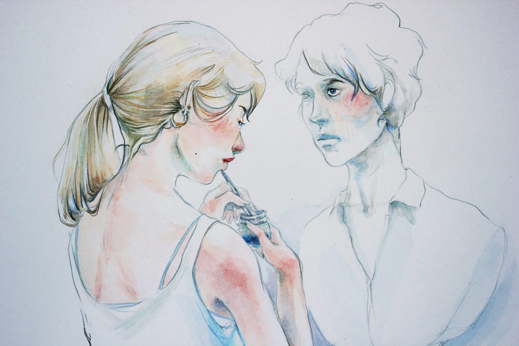 Dibujo a color suave de un hombre y una mujer