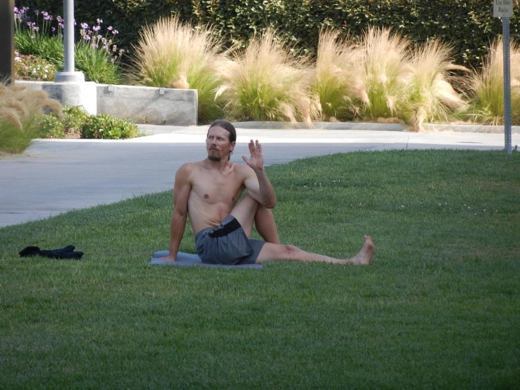 Hombre practicando torsión en jardín