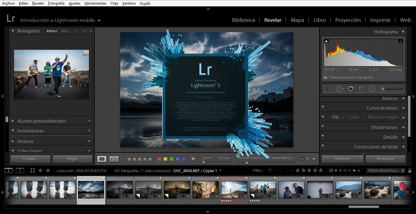 Pantalla de inicio en Ligthroom