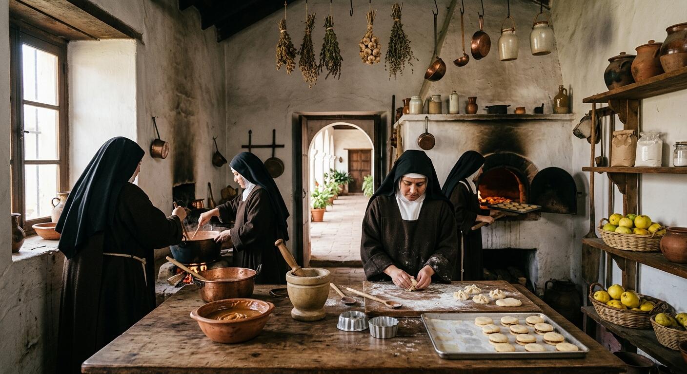 Monjas de clausura elaborando repostería artesanal durante la época colonial en Chile.