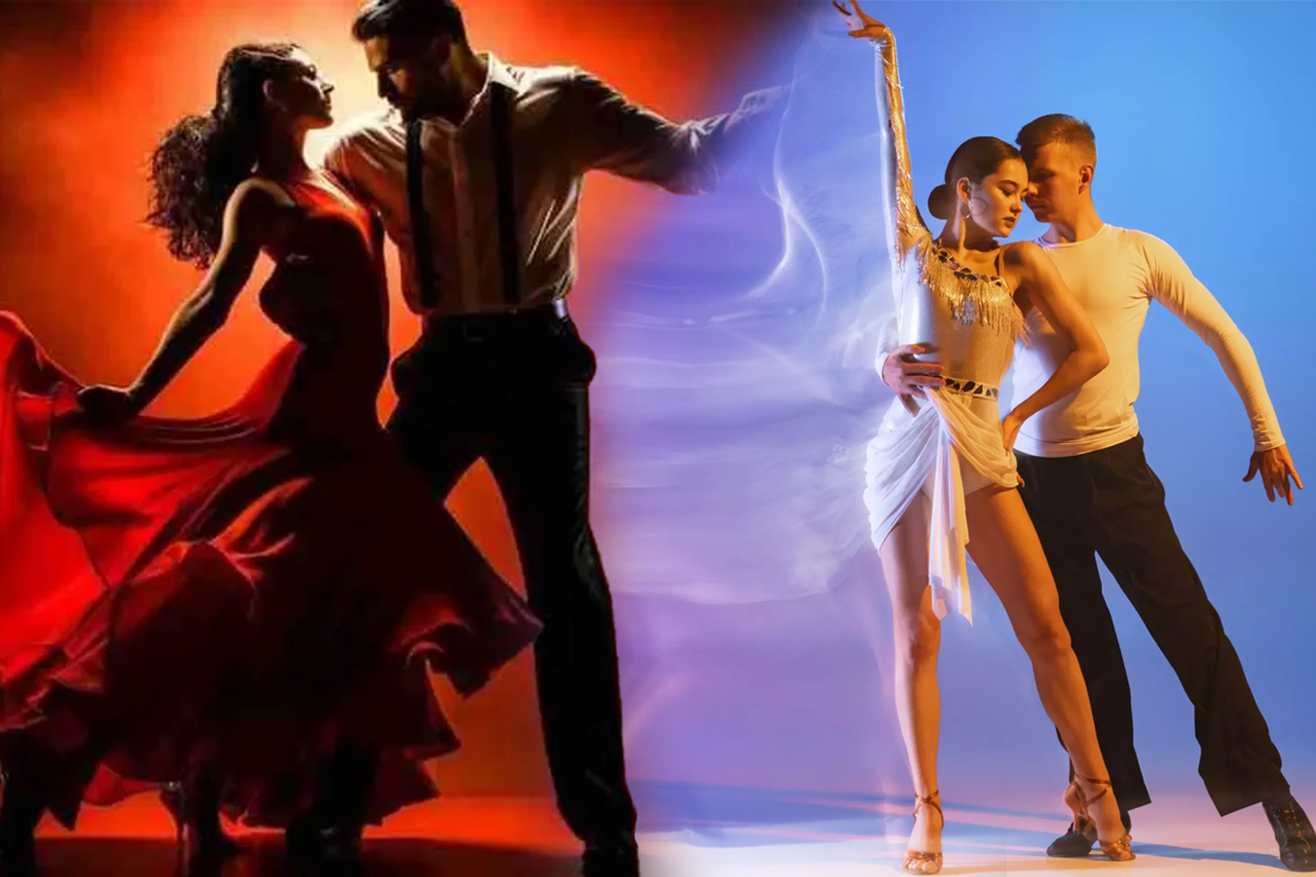 COLLAGE DE DOS PAREJAS DE BAILARINES DE SALSA Y BACHATA