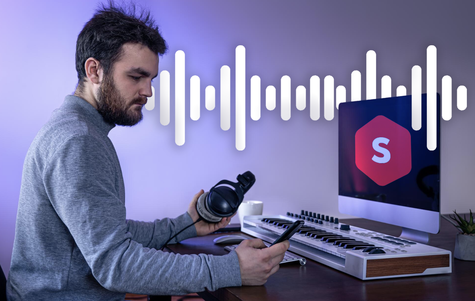 chico frente a una computadora y teclado para componer canciones con icono de Superprof como portector de pantalla y una melodia flotando en el fondo