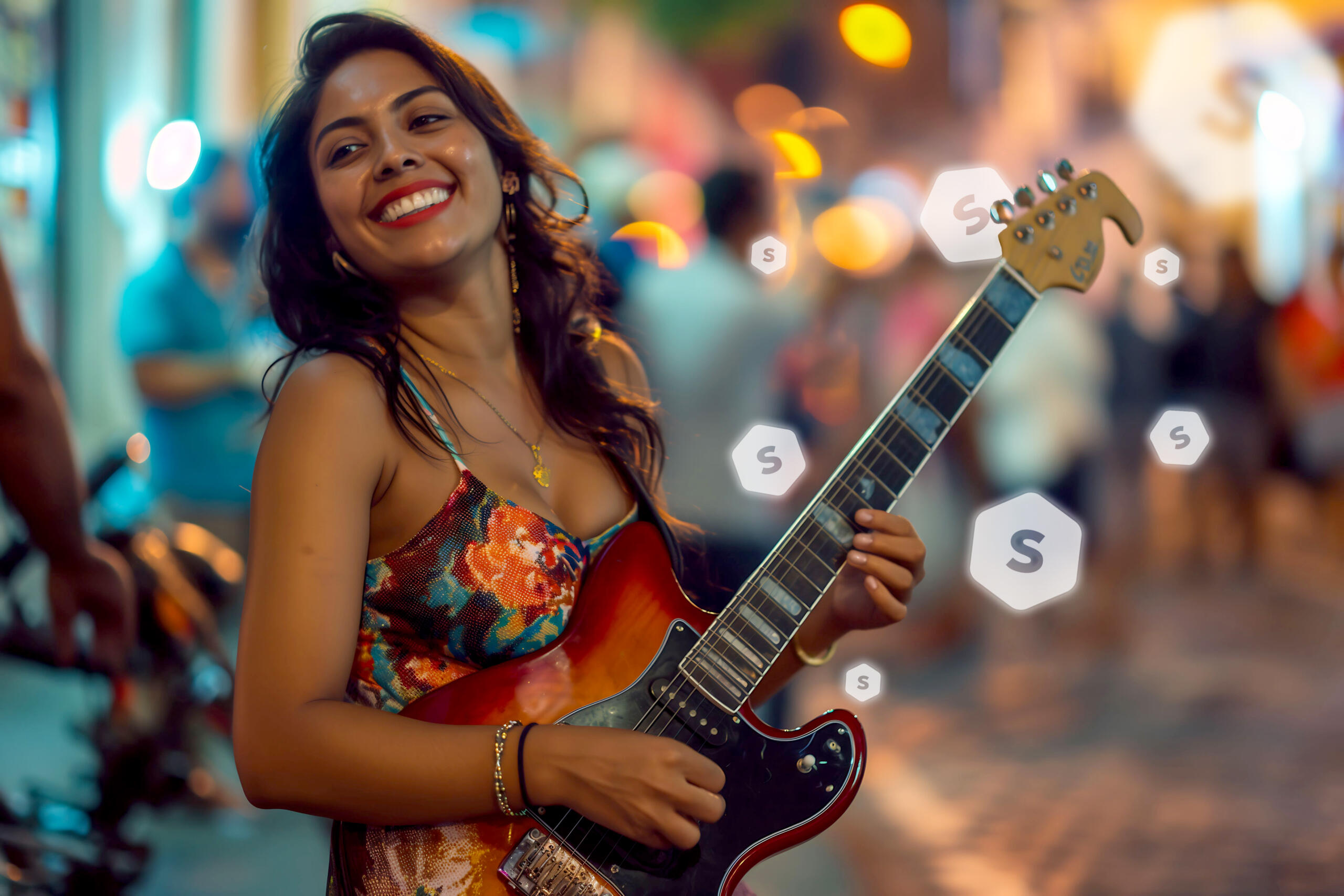 chica sonriente tocando la guitarra mientras logitos flotantes de Superprof están alrededor